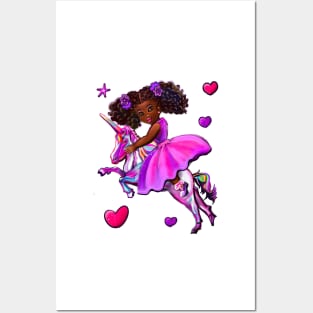 Black princess dress riding a unicorn pony horse. African American girl Posters and Art